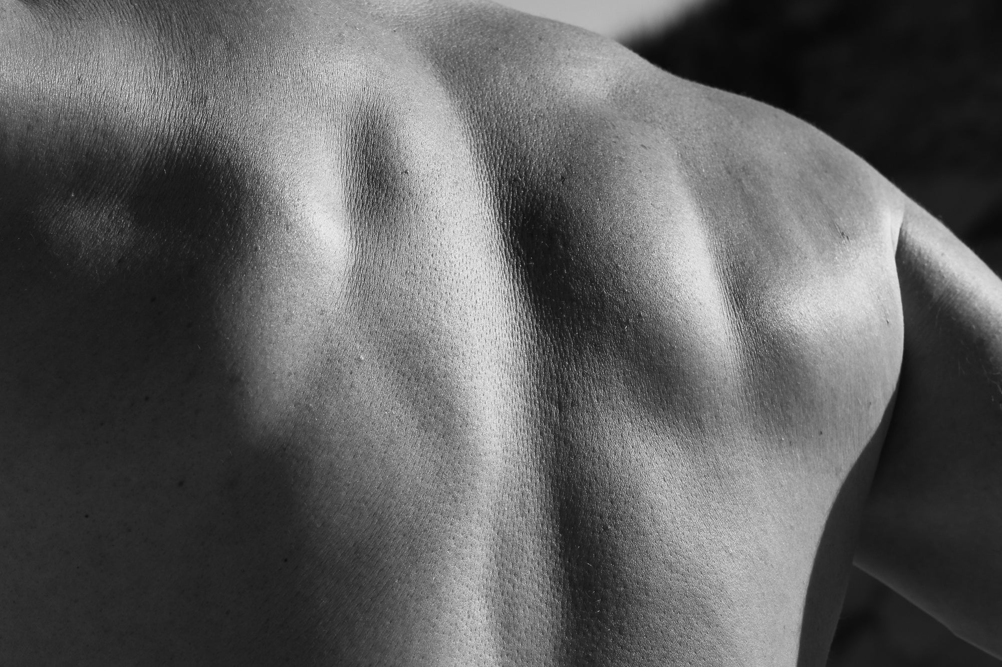 Close-up van een gespierde rug met ontspannen houding, symbool voor spierkracht en herstel ondersteund door magnesium uit de pure Zechstein-bron.